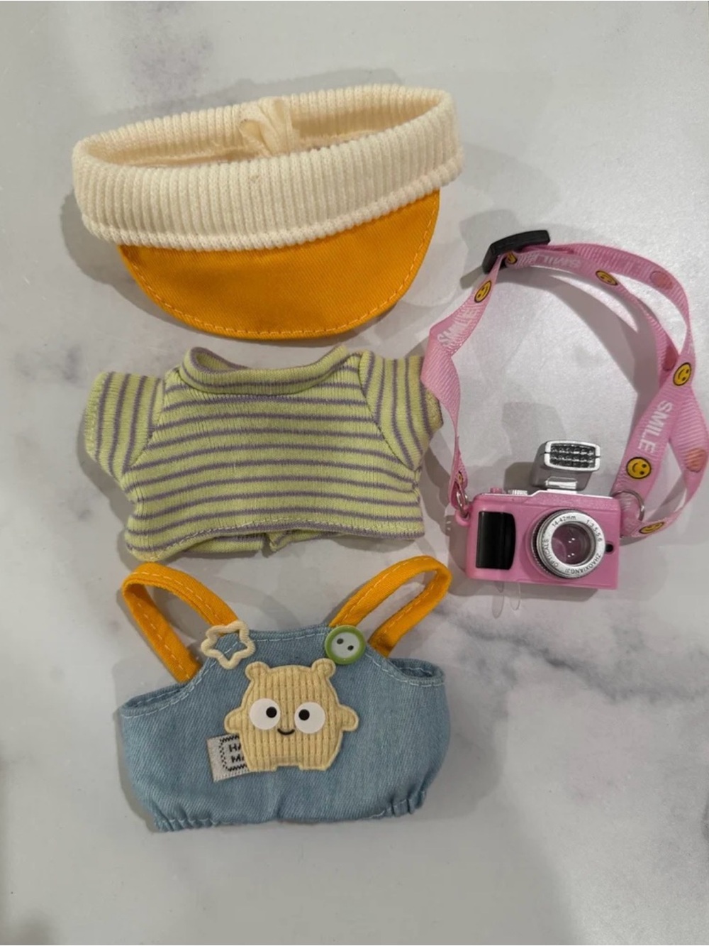 Labubu 4 piece outfit camera overalls strip tee visor